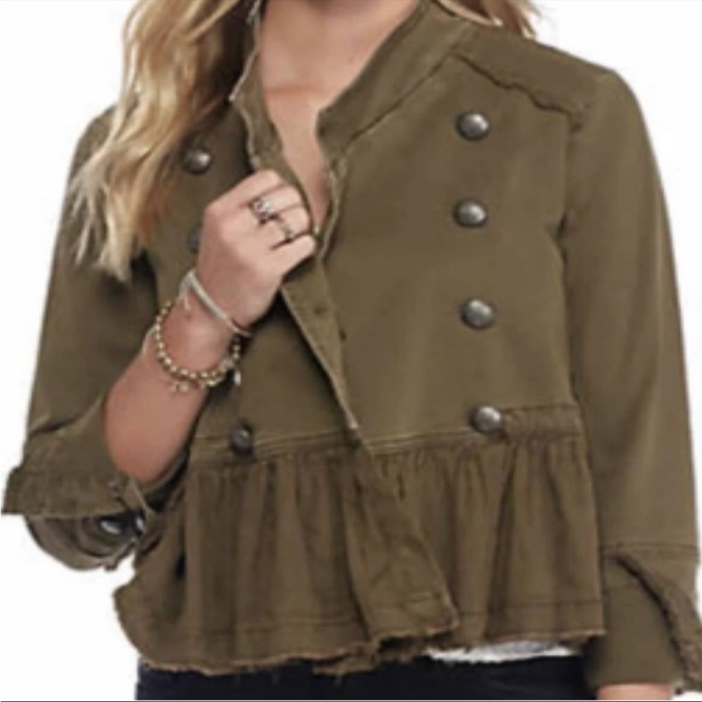 Free People olive green military jacket with ruffles